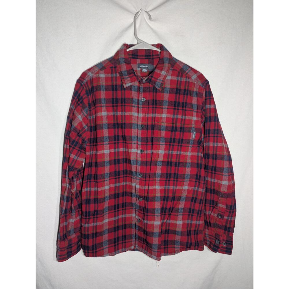 EDDIE BAUER Red Blue Gray Plaid Button Up Flannel Shirt Long‎ Sleeve Mens Sz L